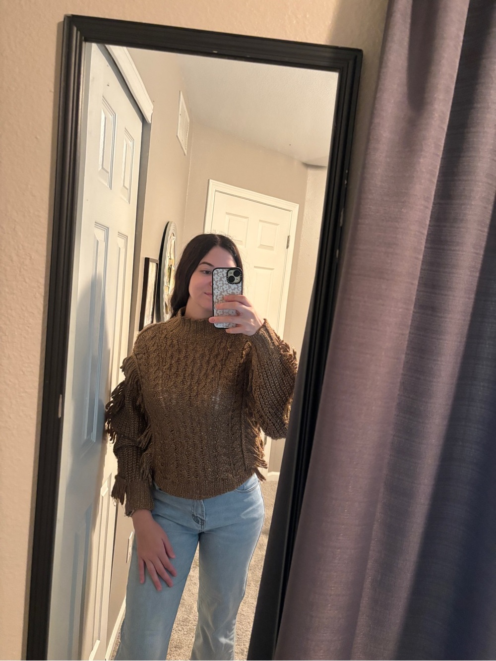 Express Brown and Gold Fringe Cable-Knit Sweater